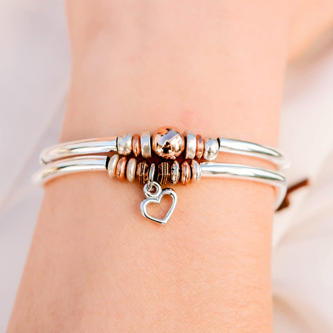 Lizzy James Colette Silver & Rose Gold Adjustable Bracelet with Silver Heart Charm in Natural Antique Brown Leather for Women