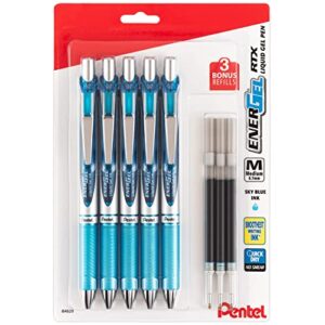 Pentel EnerGel 0.7 mm Liquid Gel Ink Pens - Pack of 5 Sky Blue Deluxe RTX Energel Pens with 3 Refills