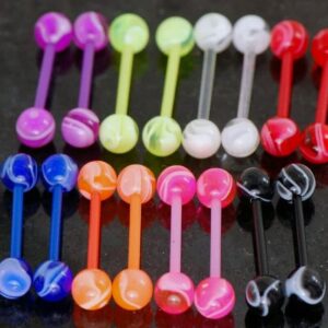 20 Pc (10 Pairs) UV Marble Flexible Bar Tongue Rings, Nipple Barbells No Metal