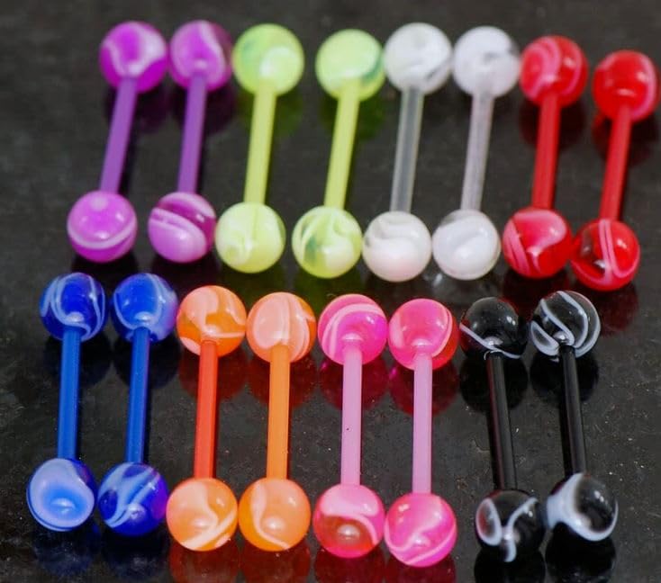 20 Pc (10 Pairs) UV Marble Flexible Bar Tongue Rings, Nipple Barbells No Metal