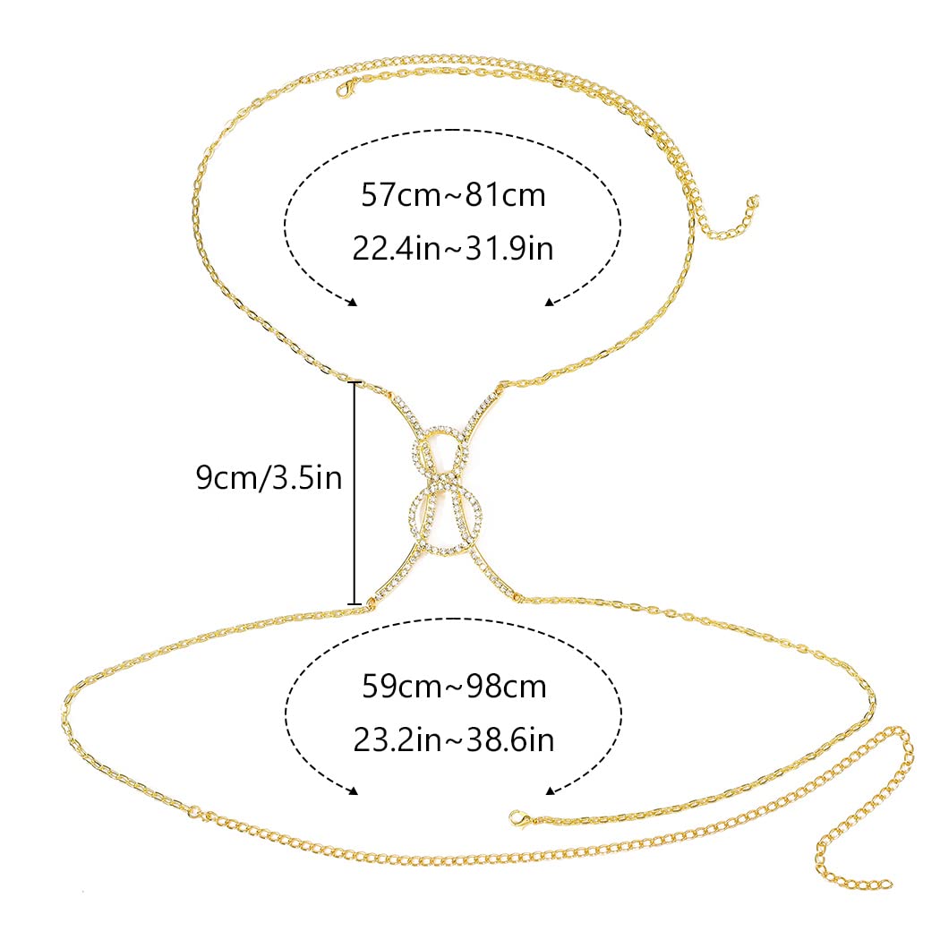 Bodiy Crystal Body Chain Bra Gold Rhinestones Chest Chains Bikini Rave Party Jewelry Circle Sparkly Accessories for Women and Girls