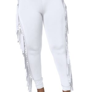 Choichic Women's Casual High Waist Fringed Pants Elastic Waist Bodycon Pants Trousers Tassels Side Long Pants Jogger Sweatpant Skinny Leggings White Small