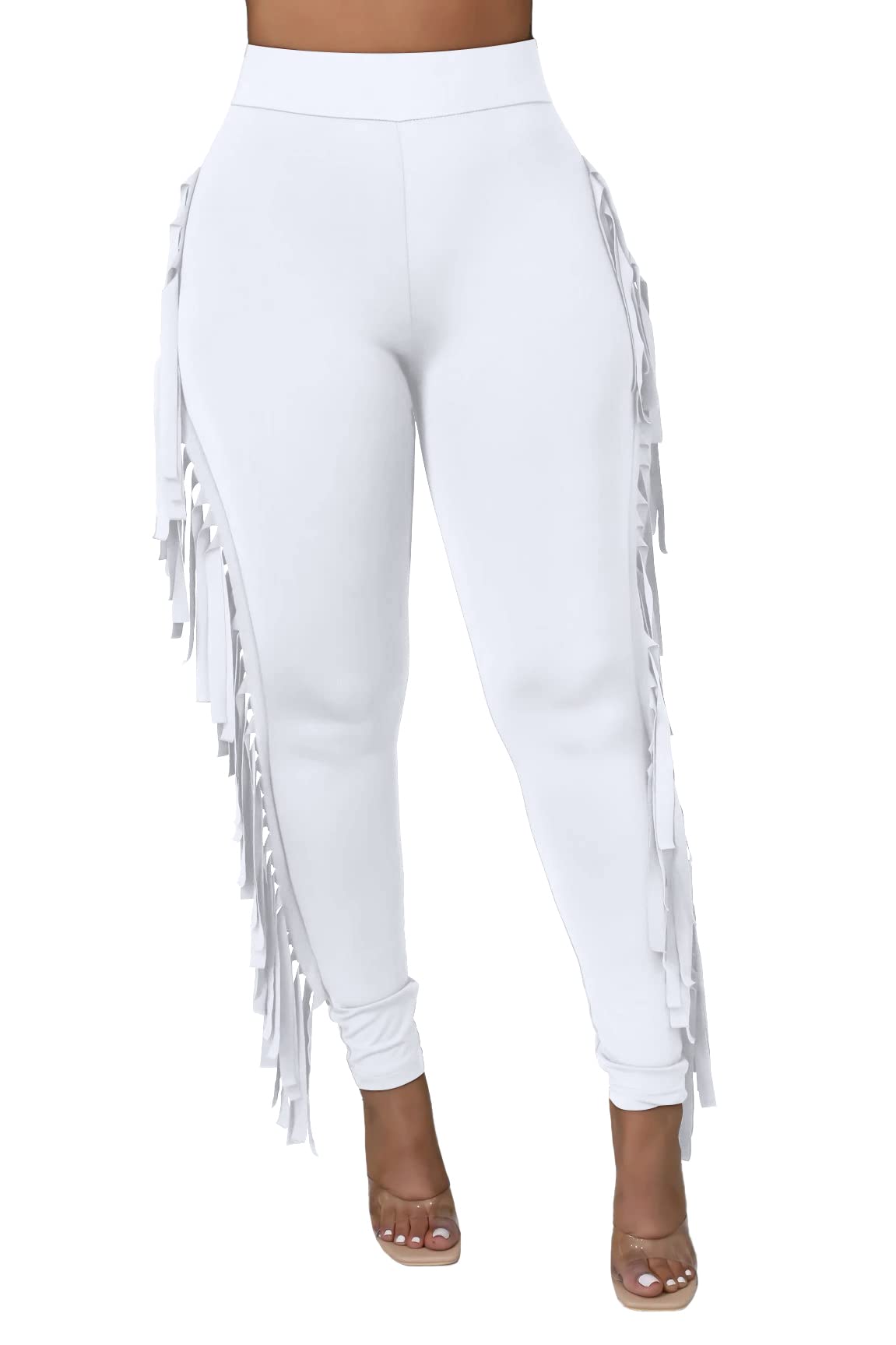 Choichic Women's Casual High Waist Fringed Pants Elastic Waist Bodycon Pants Trousers Tassels Side Long Pants Jogger Sweatpant Skinny Leggings White Small