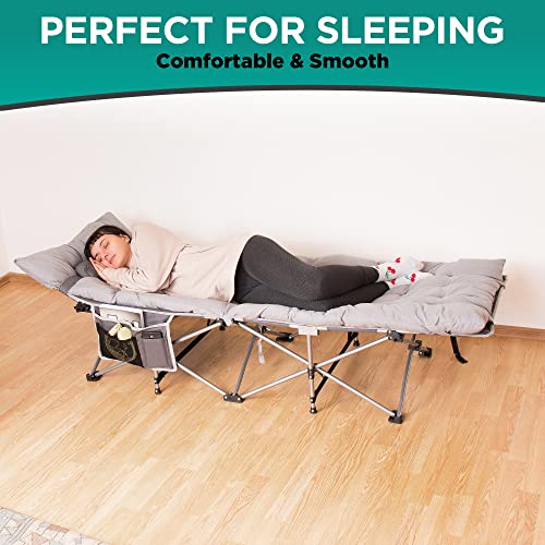 ZONETECH Outdoor Camping Travel Cot and Cot Pad - Foldable Classic Grey Quality Lightweight Portable Heavy Duty Adult & Kids Travel Cot w/Large Pocket and Cushion Perfect for Hiking, Camping (1-Pack)