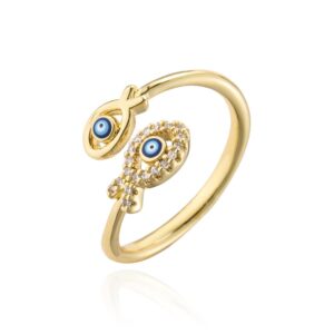 double fish blue evil eye wrap open rings 18k gold plated sparkly cubic zirconia good luck statement adjustable stacking middle tail finger thin ring for women symbol of protection talisman amulet lucky jewelry fashion cz gifts for mom