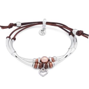 lizzy james colette silver & rose gold adjustable bracelet with silver heart charm in natural antique brown leather for women