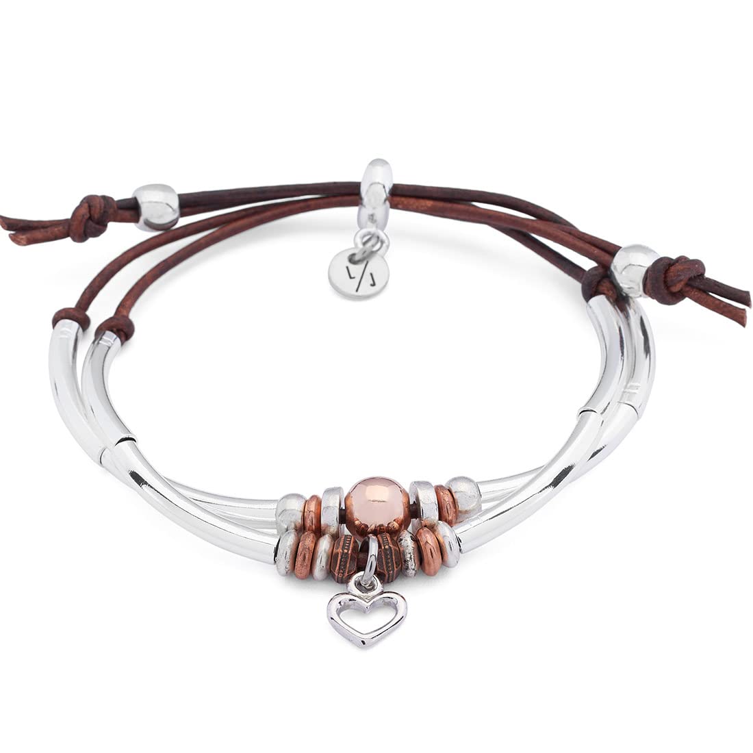 Lizzy James Colette Silver & Rose Gold Adjustable Bracelet with Silver Heart Charm in Natural Antique Brown Leather for Women