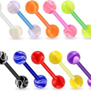 20 Pc (10 Pairs) UV Marble Flexible Bar Tongue Rings, Nipple Barbells No Metal