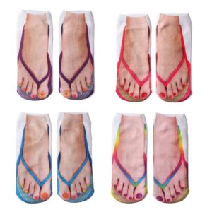 YAMKNICE 3D Flip-Flops Fun Socks,Women Girls Funny Crazy 3D Tie-Dye Socks,Look Like Shoes Sandal Novelty Silly Low Cut Ankle Socks (6 Pack)