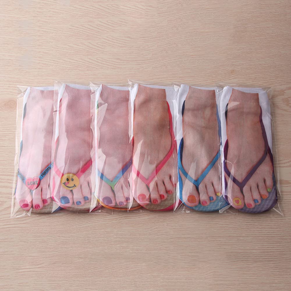 YAMKNICE 3D Flip-Flops Fun Socks,Women Girls Funny Crazy 3D Tie-Dye Socks,Look Like Shoes Sandal Novelty Silly Low Cut Ankle Socks (6 Pack)