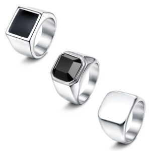 sailimue 3pcs stainless steel signet rings for men women black silver simple square agate solid polished biker band pinky thumb rings set size 10