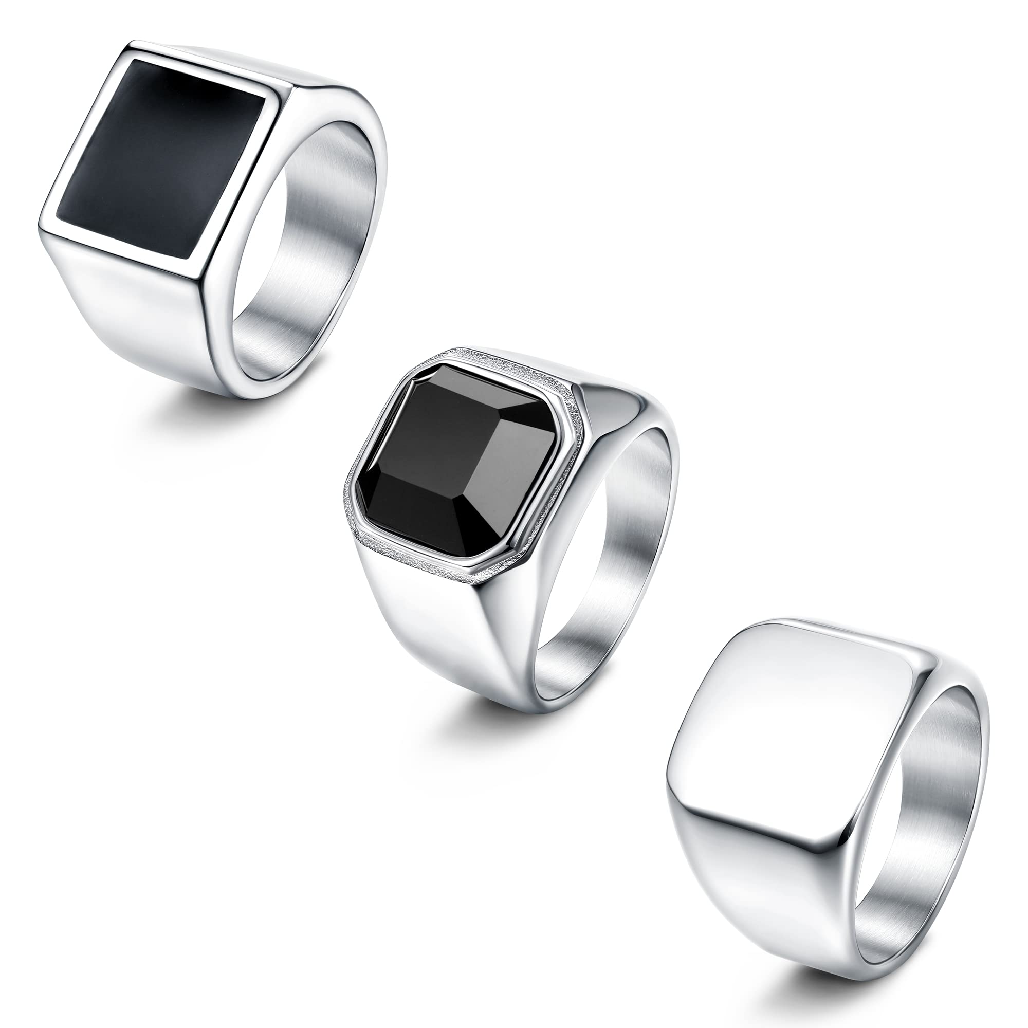 SAILIMUE 3Pcs Stainless Steel Signet Rings for Men Women Black Silver Simple Square Agate Solid Polished Biker Band Pinky Thumb Rings Set Size 10