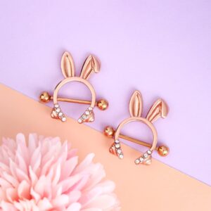 Melighting Bunny Nipple Rings 14G Nipple Piercing Jewelry Surgical Steel 316L Rosy Ear Clear CZ Dainty Nipple Piercing Barbell for Women