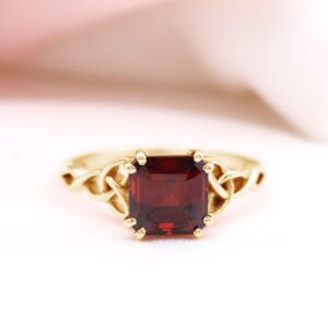 Natural Garnet 8 MM Asscher Cut Engagement Ring, AAA Quality, Certified Rhodolite Garnet Celtic Knot Ring (With Jewelry Box), 14K Rose Gold, Size:US 13.00