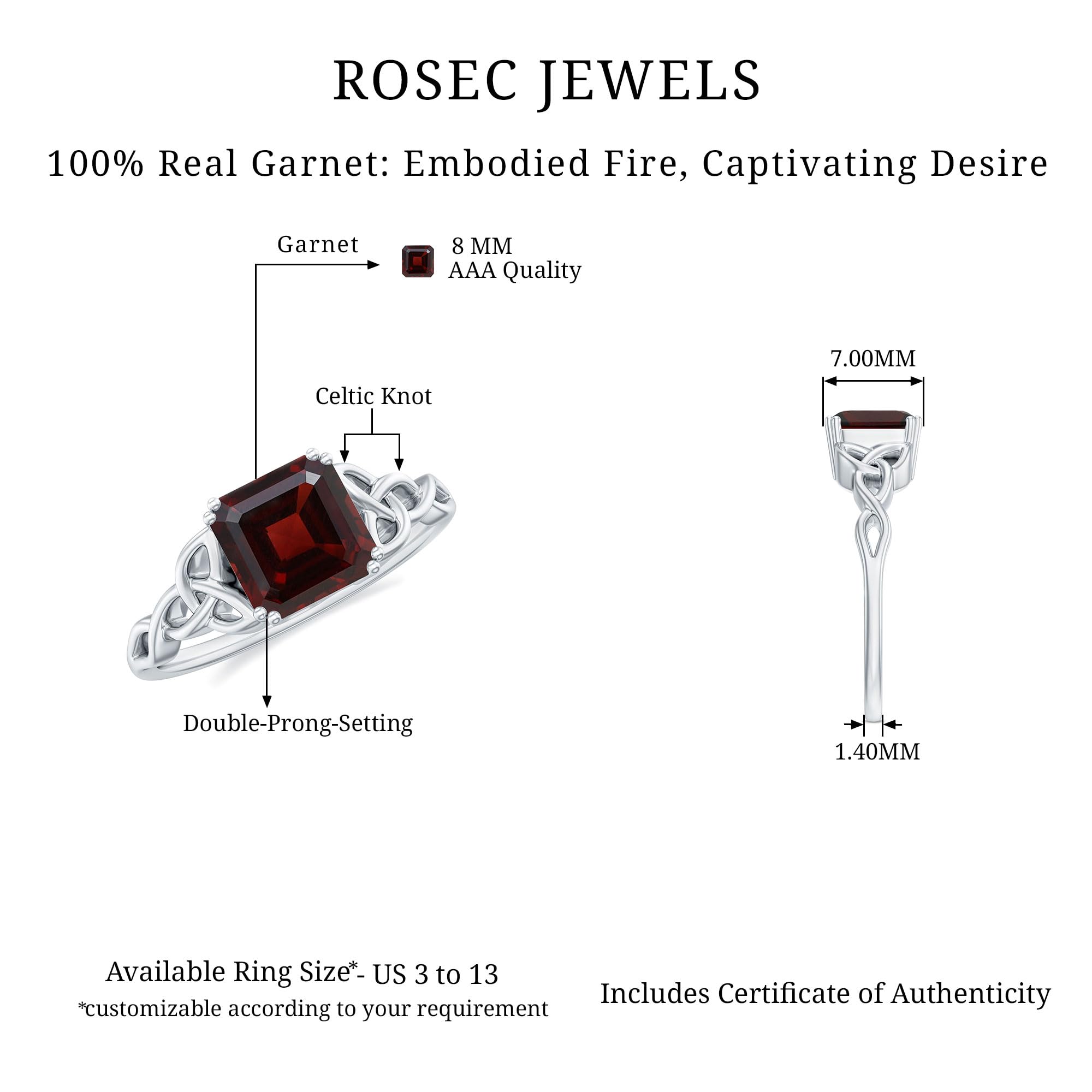 Natural Garnet 8 MM Asscher Cut Engagement Ring, AAA Quality, Certified Rhodolite Garnet Celtic Knot Ring (With Jewelry Box), 14K Rose Gold, Size:US 13.00