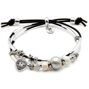 lizzy james ria large freshwater pearl bracelet with 2 adjustable natural black leather strands silver crescents & beads w/etched silver heart charm for women