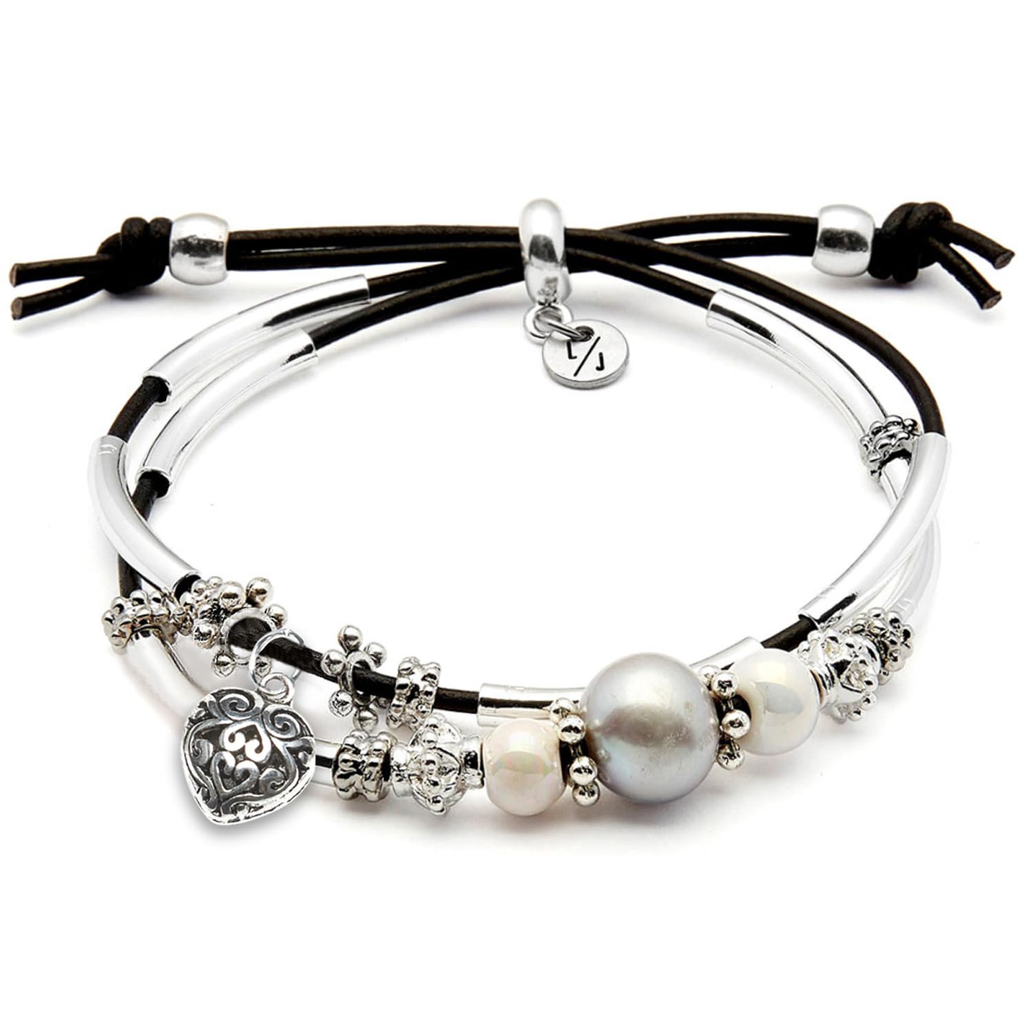 Lizzy James Ria Large Freshwater Pearl Bracelet with 2 Adjustable Natural Black Leather Strands Silver Crescents & Beads w/Etched Silver Heart Charm for Women