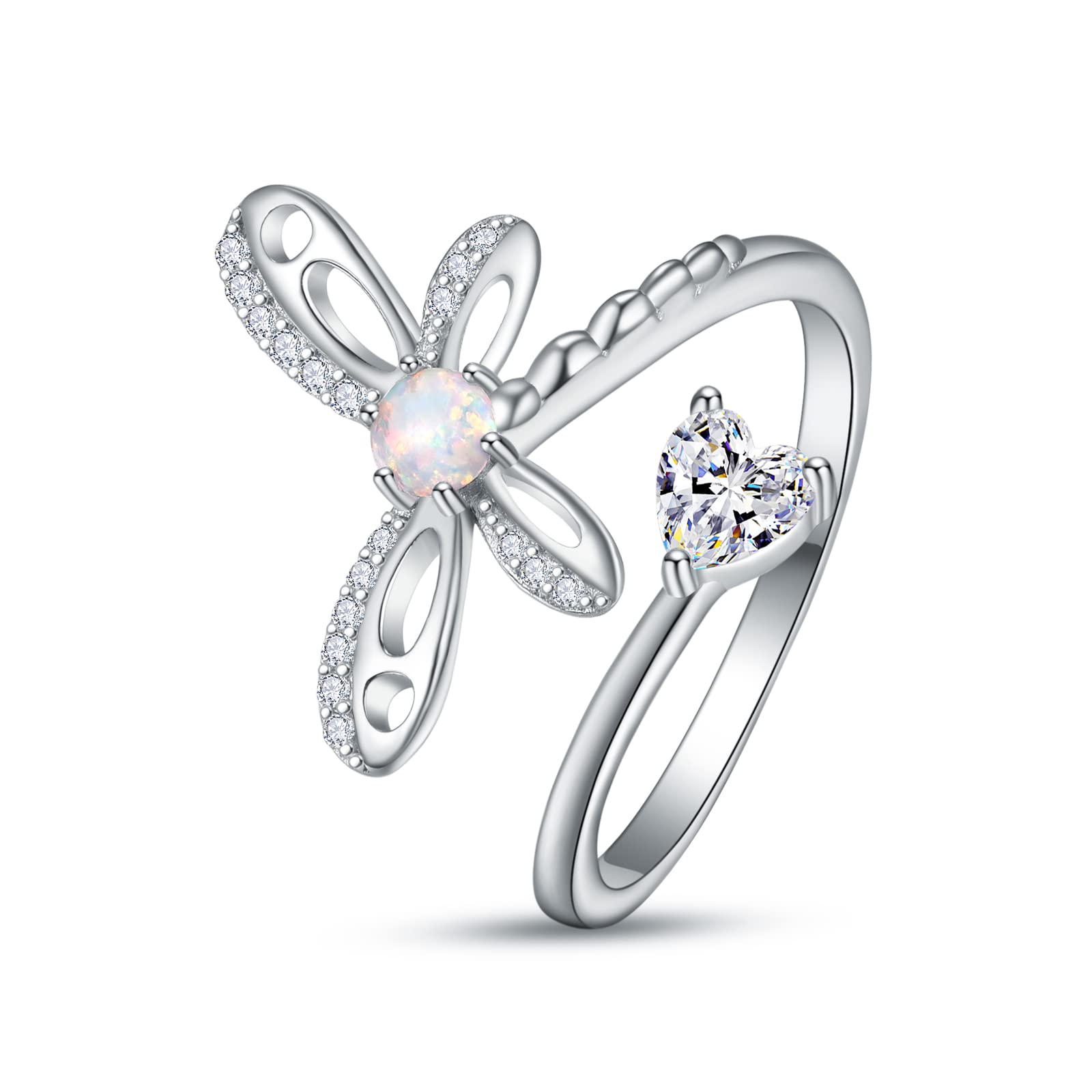 Palpitate Rings Dragonfly Jewelry Created Opal Dragonfly Ring for Women Sterling Silver Dragonfly Gifts