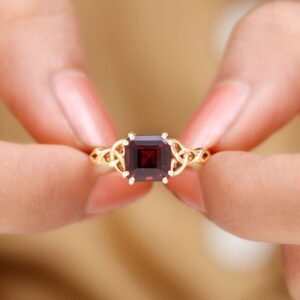 Natural Garnet 8 MM Asscher Cut Engagement Ring, AAA Quality, Certified Rhodolite Garnet Celtic Knot Ring (With Jewelry Box), 14K Rose Gold, Size:US 13.00