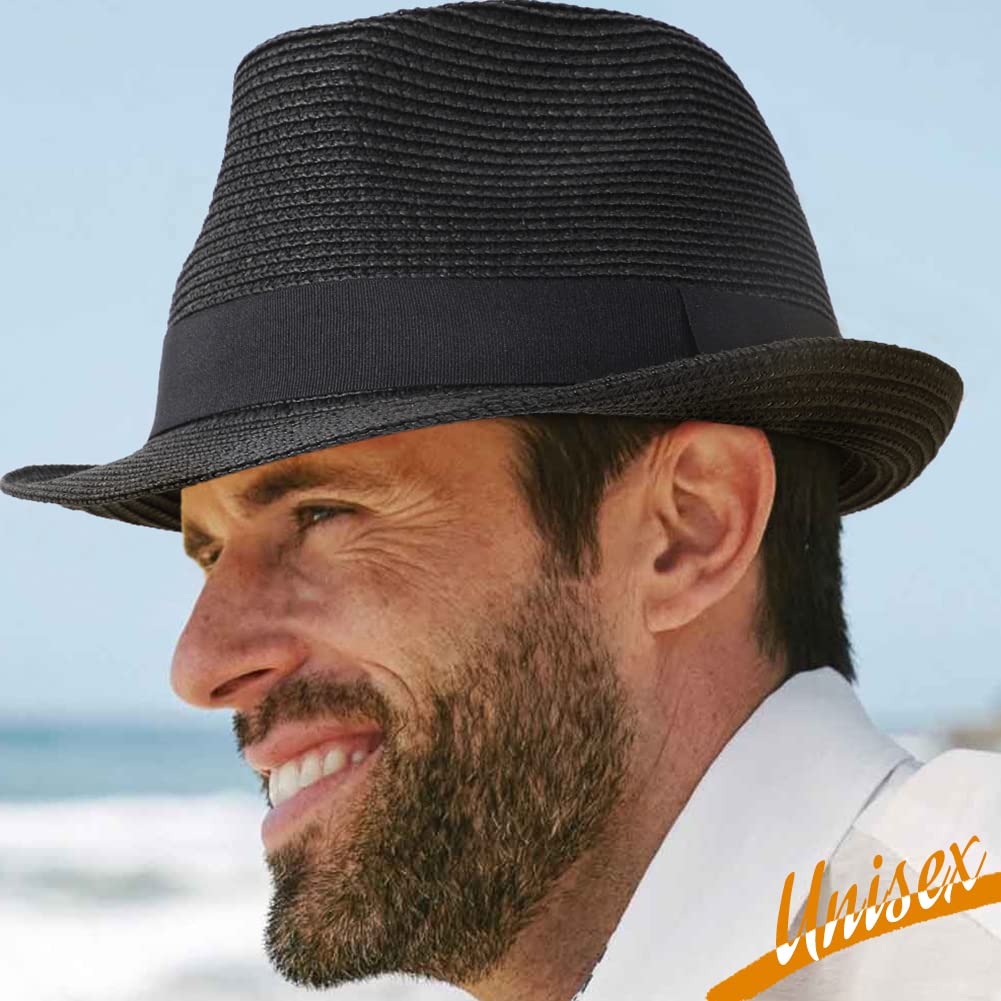 Womens Short Brim Straw Sun Hat Fedora Trilby Hat Panama Men Roll Up Packable Beach Hats… Black