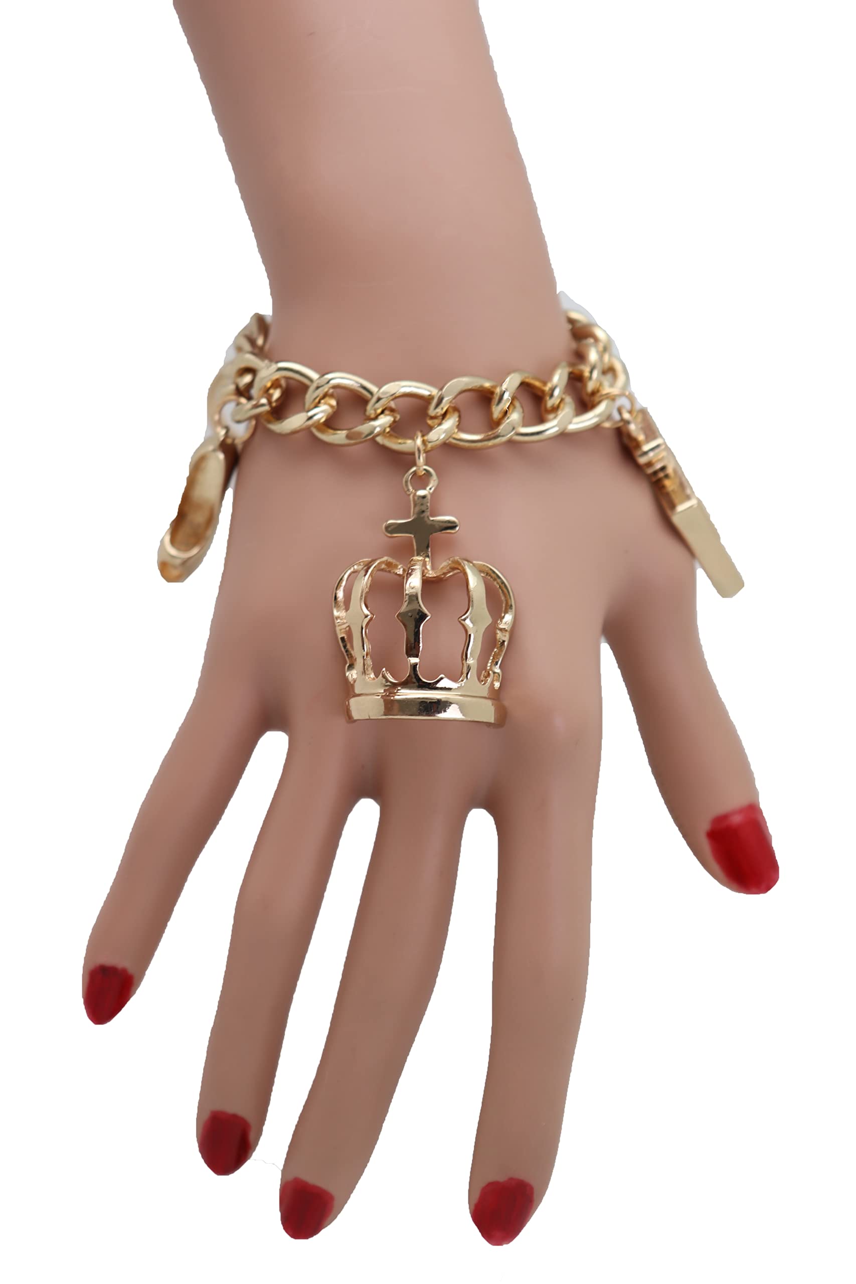 TrendyFashionJewelry Women Gold Queen Crown Bracelet - Metal Chain Fashion Lipstick Perfume Infinity Shoe Charm