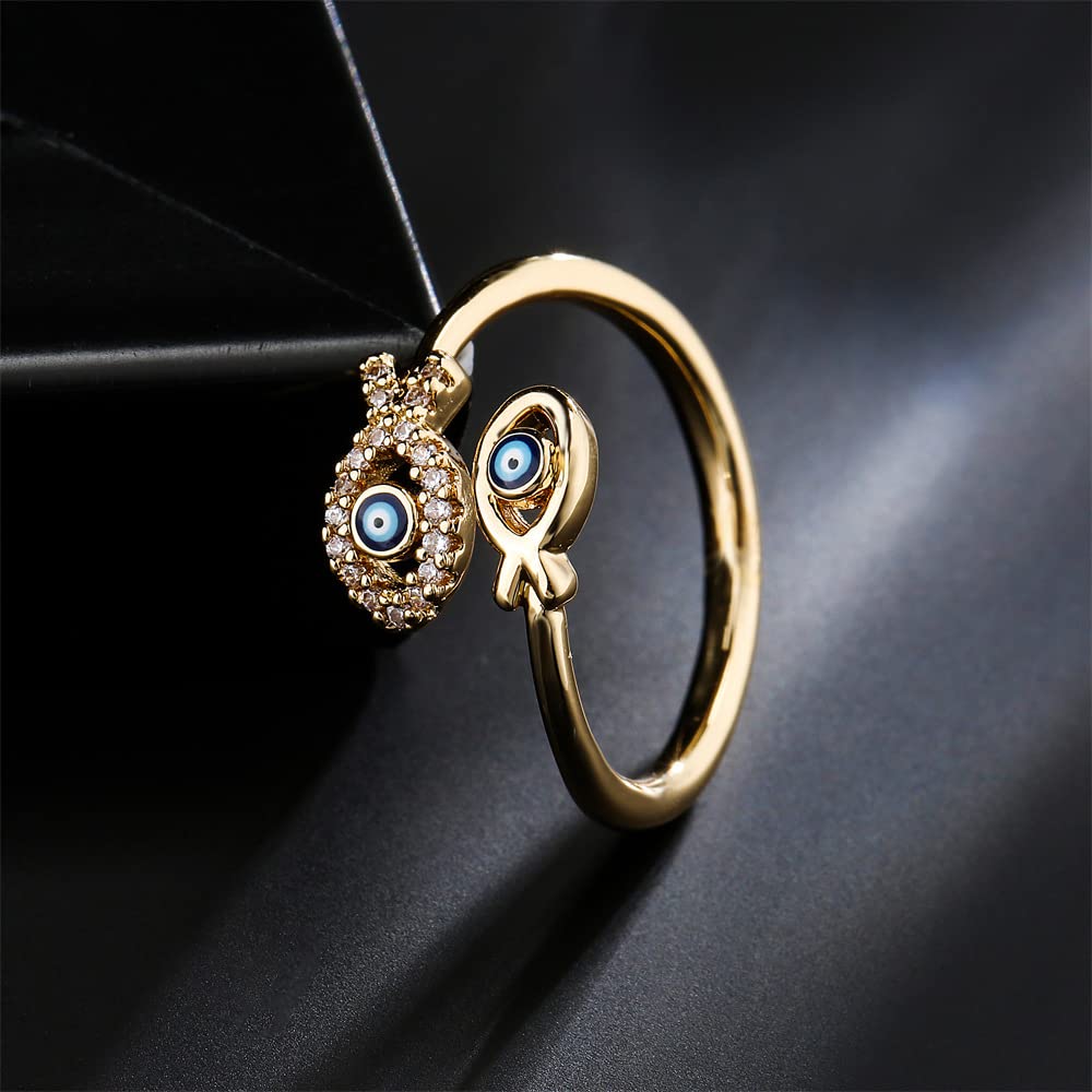 Double Fish Blue Evil Eye Wrap Open Rings 18K Gold Plated Sparkly Cubic Zirconia Good Luck Statement Adjustable Stacking Middle Tail Finger Thin Ring for Women Symbol of Protection Talisman Amulet Lucky Jewelry Fashion CZ Gifts for Mom