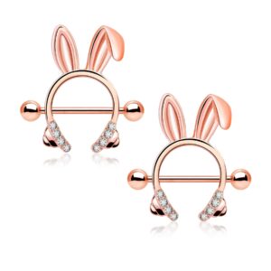 Melighting Bunny Nipple Rings 14G Nipple Piercing Jewelry Surgical Steel 316L Rosy Ear Clear CZ Dainty Nipple Piercing Barbell for Women