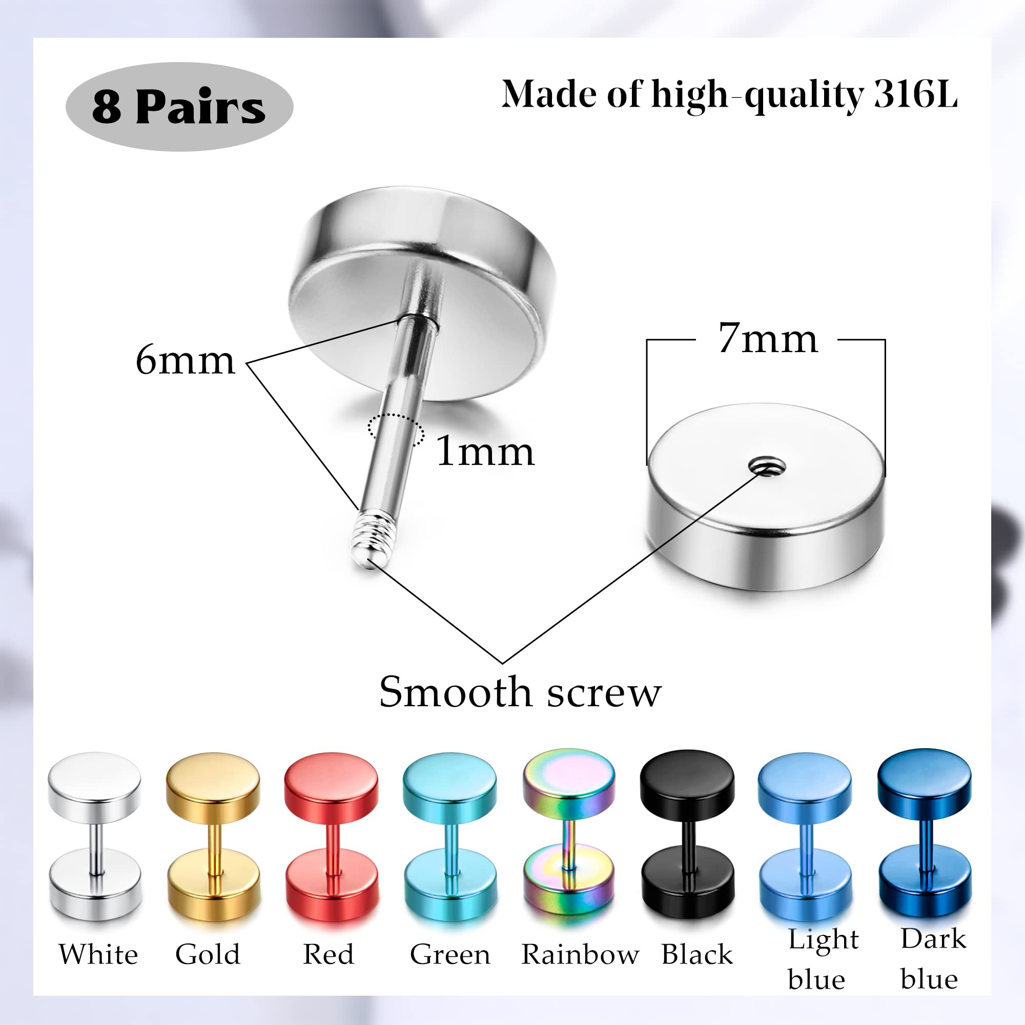 THUNARAZ 8Pairs Stainless Steel Dot Earrings For Men Women Tunnel Punk Style Stud Earrings Unisex Rainbow Piercing Plugs Screwback Earrings 6/7/8mm