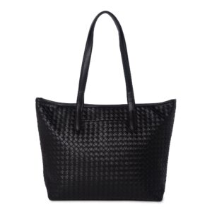 Time and Tru Women's Woven Faux Leather 3-Piece Handbag Set Tote, wristlet and wallet (Black Woven)