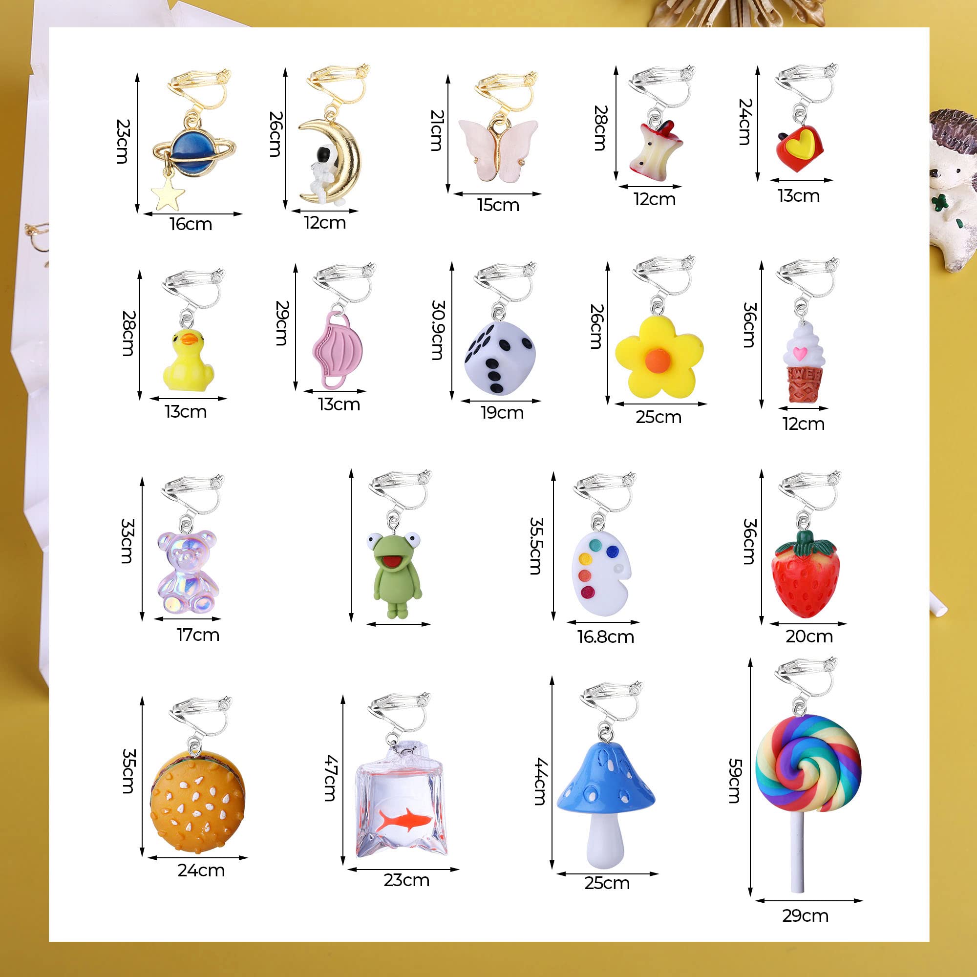 Kakonia 16 Pairs Cute Clip on Earrings Weird Earrings for Women Funny Mushroom Frog Duck Strawberry Butterfly Lollipop Kawaii Clip Dangle Earrings Non Pierced Earring Jewelry Set With Clear Box