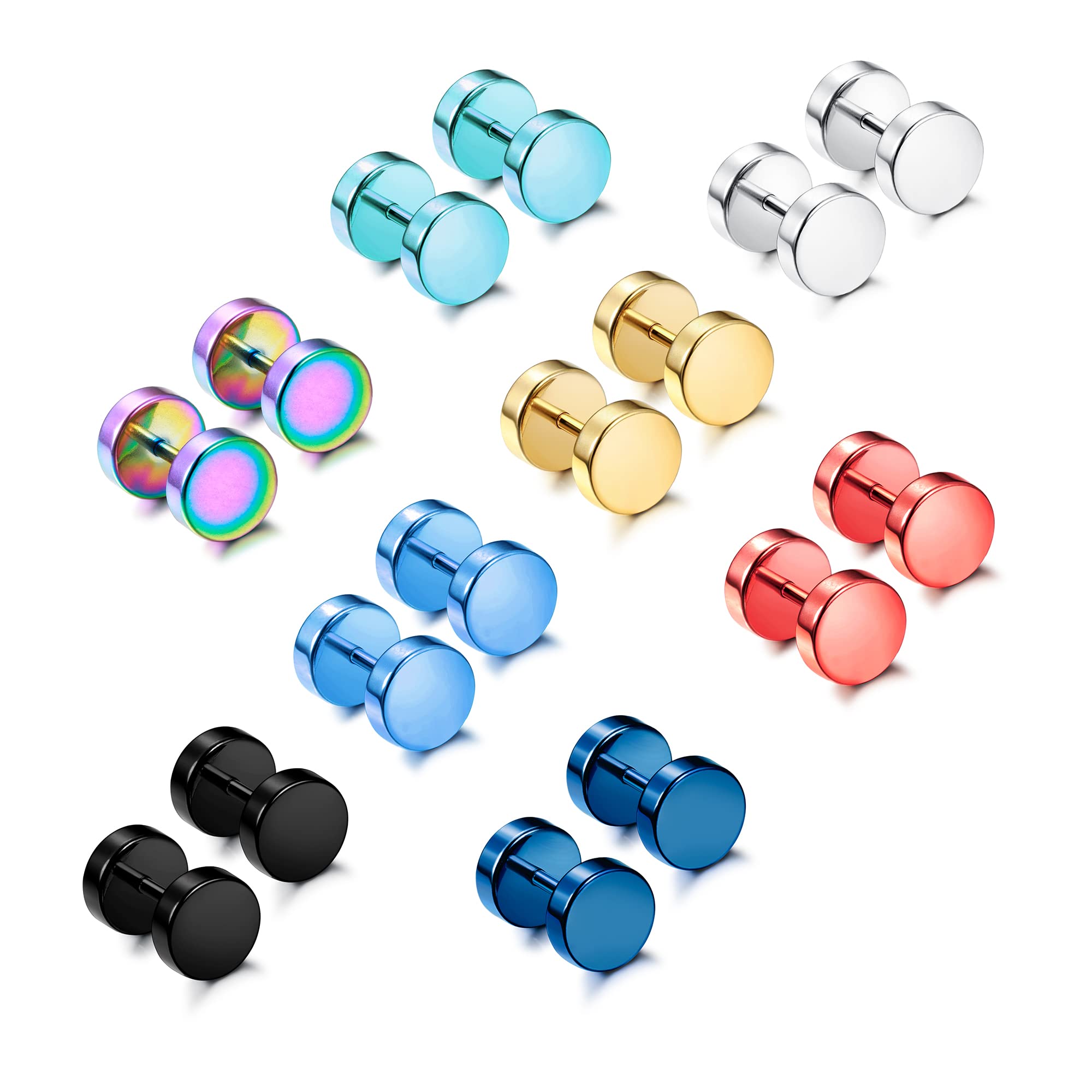 THUNARAZ 8Pairs Stainless Steel Dot Earrings For Men Women Tunnel Punk Style Stud Earrings Unisex Rainbow Piercing Plugs Screwback Earrings 6/7/8mm