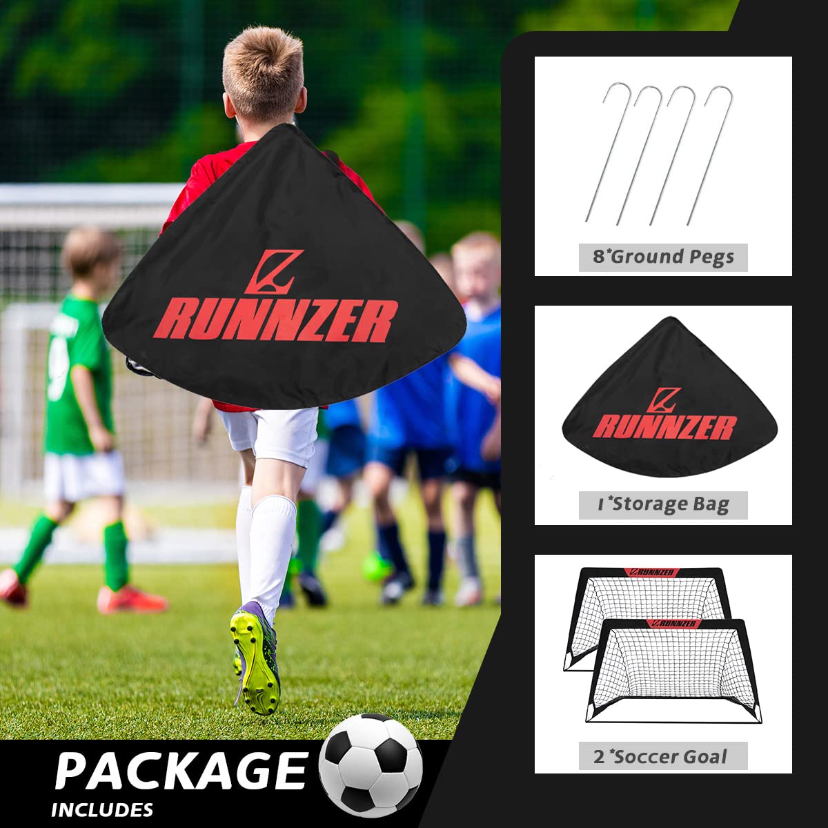 L RUNNZER Kids Soccer Goals Set of 2, Soccer Nets for Backyard Practice or Indoor Games, Easy Assembly and Storage with Carry Case,4ft*3ft,2 Set Black