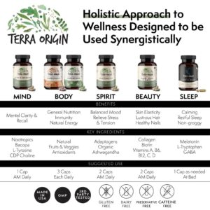 TERRA ORIGIN Healthy Sleep & Wake. Restful Sleep and Awake Refreshed. Non-GMO, Vegan, Gluten Free | 5mg Melatonin, L-Tryptophan, GABA, Chamomile, Valerian, PassionFlower - 60 Capsules