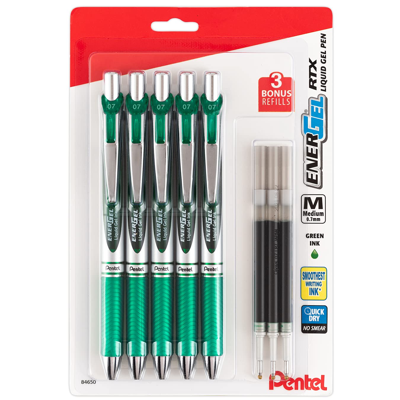 Pentel EnerGel 0.7 mm Liquid Gel Ink Pens - Pack of 5 Green Deluxe RTX Energel Pens with 3 Refills