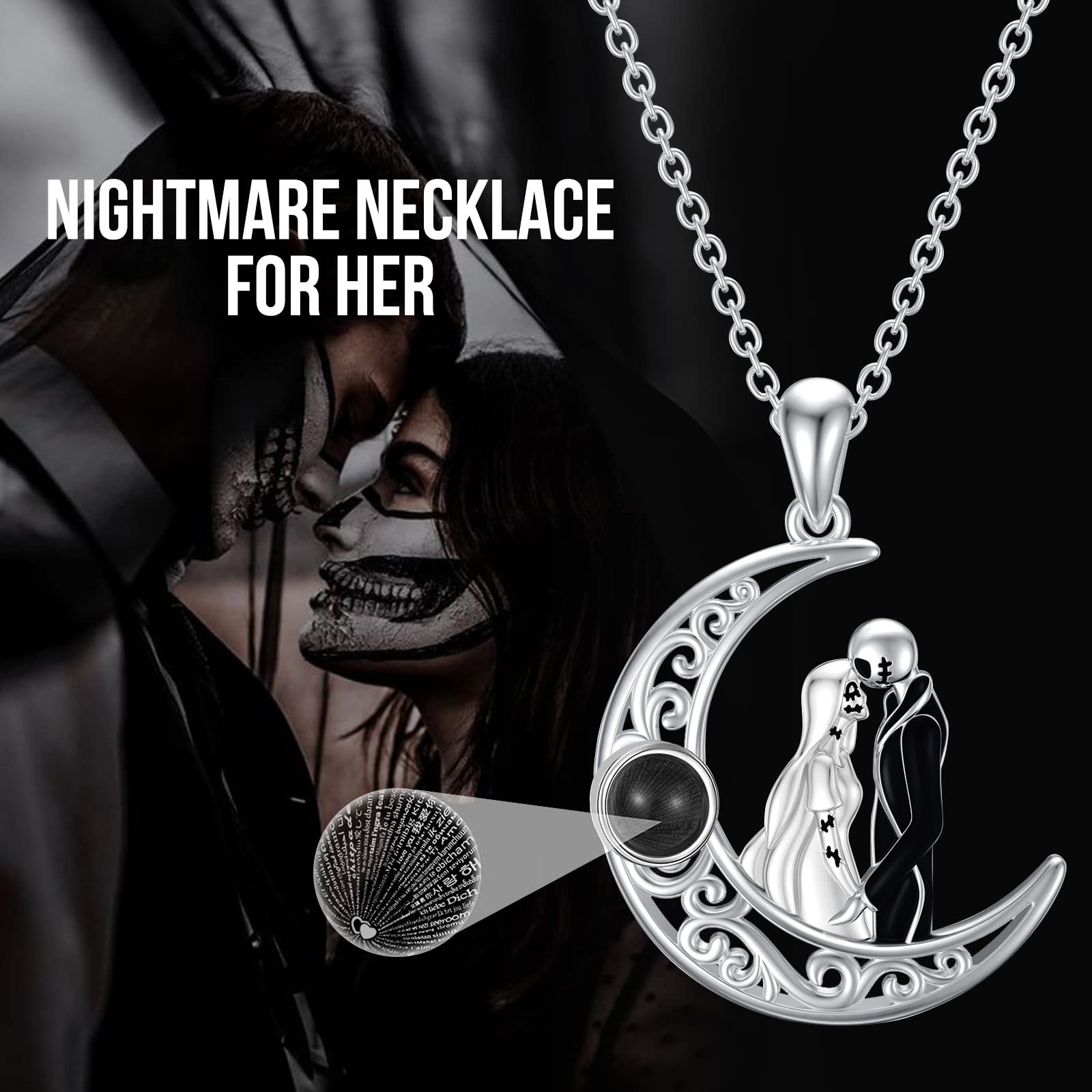 LILALO Jack and Sally Nightmare Necklace I Love You in 100 Languages Fashion Jewelry for Women Birthday