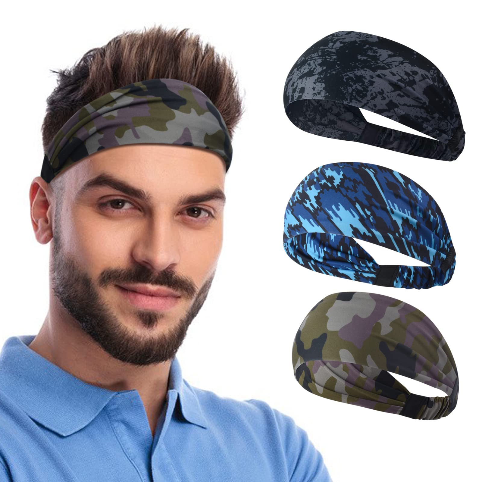 SUNLAND Workout Headbands for Men 3 Pack Sweat Bands Headbands Men Sports Headband for Running Cycling Basketball Yoga