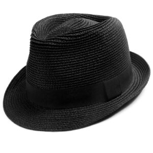 Womens Short Brim Straw Sun Hat Fedora Trilby Hat Panama Men Roll Up Packable Beach Hats… Black