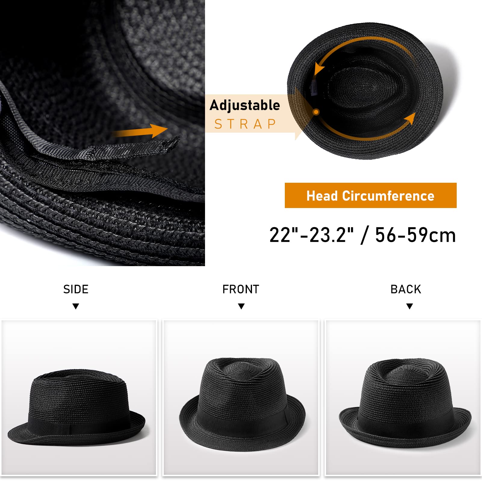 Womens Short Brim Straw Sun Hat Fedora Trilby Hat Panama Men Roll Up Packable Beach Hats… Black