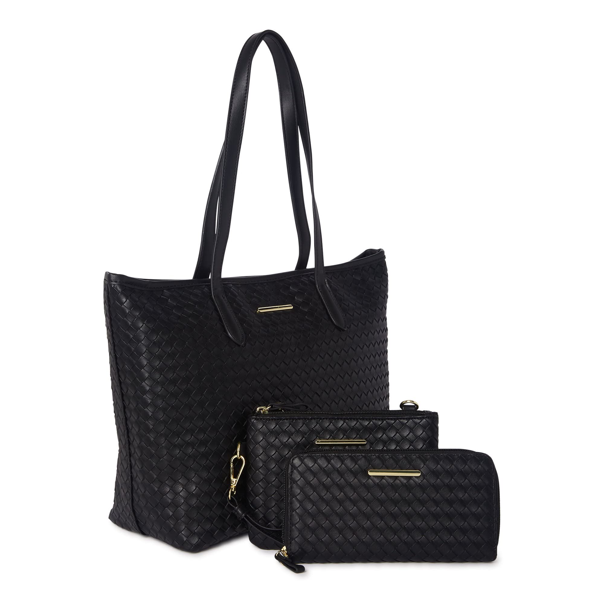 Time and Tru Women's Woven Faux Leather 3-Piece Handbag Set Tote, wristlet and wallet (Black Woven)