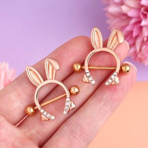 Melighting Bunny Nipple Rings 14G Nipple Piercing Jewelry Surgical Steel 316L Rosy Ear Clear CZ Dainty Nipple Piercing Barbell for Women