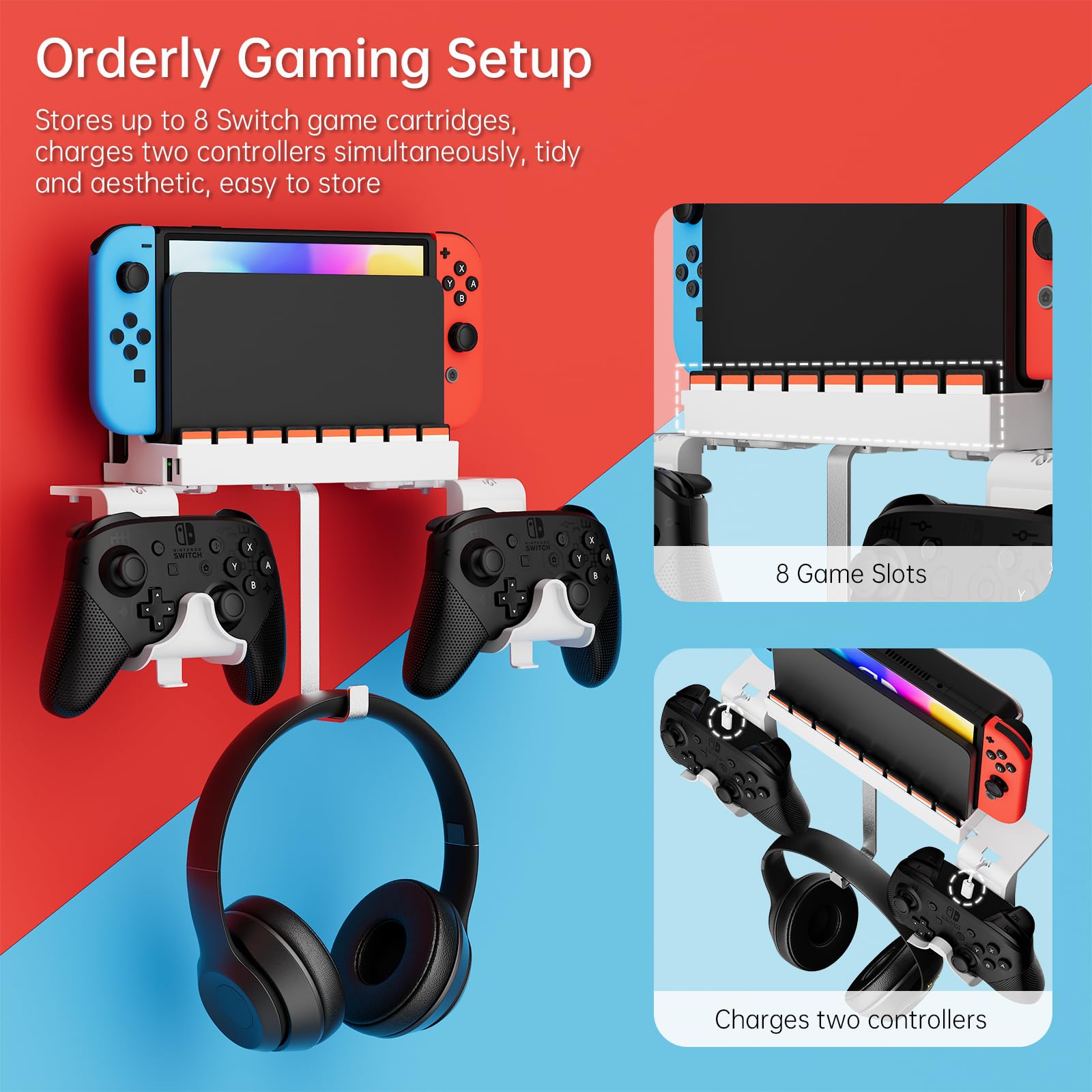 Hosanwell Switch Wall Mount, Wall Mount for Switch/Switch OLED, with Hooks for Hanging Joy-Cons, Dual Controller Holder with Non-Slip Mat, White