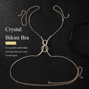 Bodiy Crystal Body Chain Bra Gold Rhinestones Chest Chains Bikini Rave Party Jewelry Circle Sparkly Accessories for Women and Girls