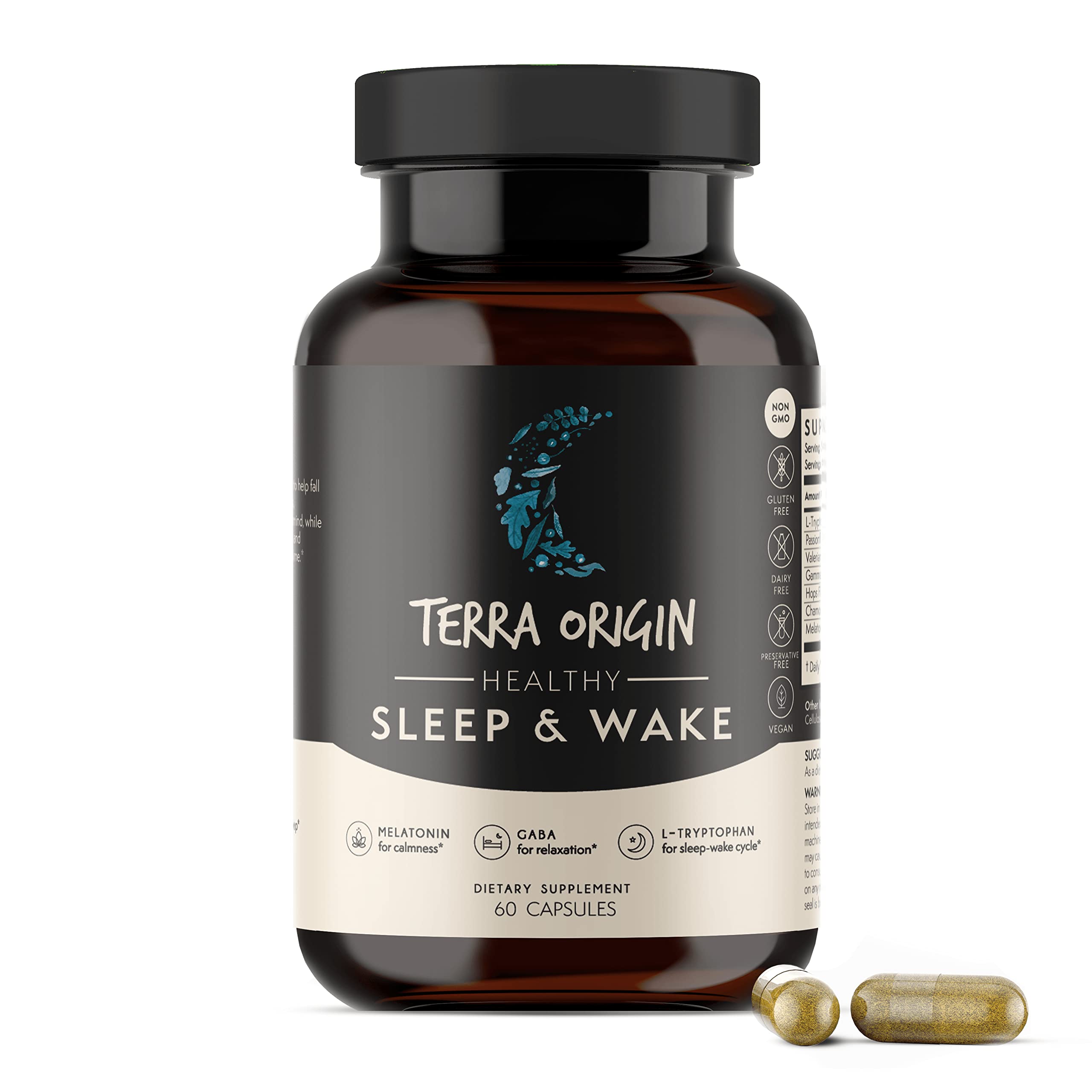 TERRA ORIGIN Healthy Sleep & Wake. Restful Sleep and Awake Refreshed. Non-GMO, Vegan, Gluten Free | 5mg Melatonin, L-Tryptophan, GABA, Chamomile, Valerian, PassionFlower - 60 Capsules