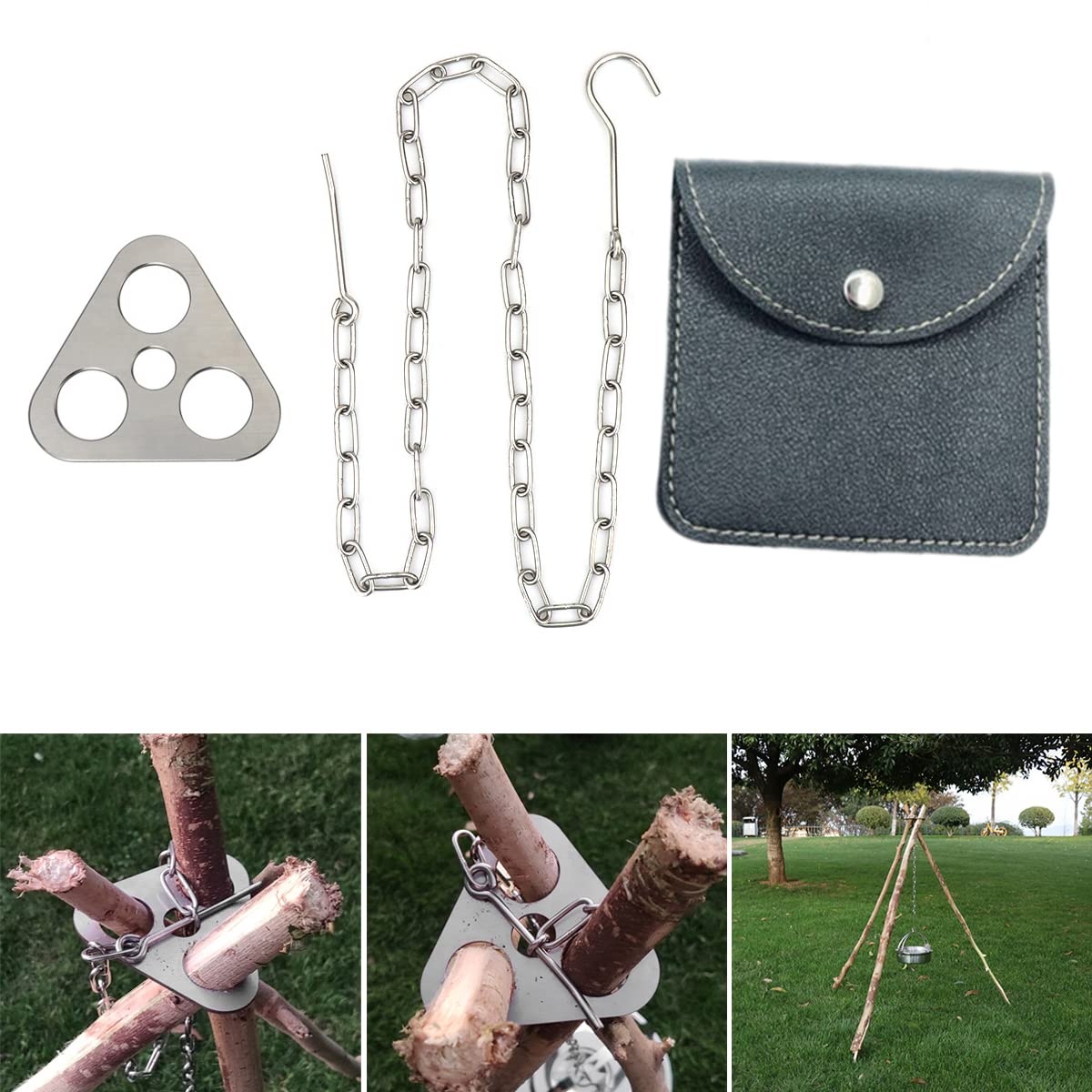 CA Mode Camping Tripod Board Accessories Set Stainless Steel Campire Support Plate - Turn Branches into Campfire Tripod with Adjustable Chain for Hanging Cookware - Perfect Outdoor Cooking