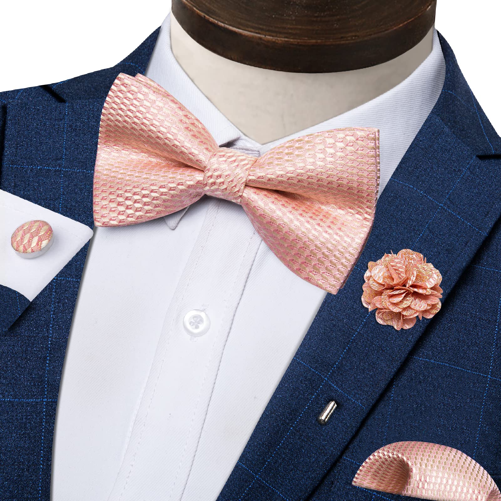 DiBanGu Men's Silk Pretied Bow Ties Adjustable Blush Pink Bowtie and Lapel Pin Handky Cufflinks Set for Husband Wedding