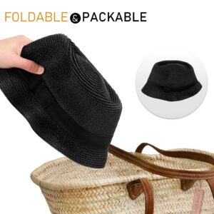 Womens Short Brim Straw Sun Hat Fedora Trilby Hat Panama Men Roll Up Packable Beach Hats… Black