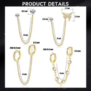 THUNARAZ 4 Pairs Trendy Chain Earrings for Women 14K Gold Plated Double Piercing Butterfly Dangle Hoop Earrings Sparkled CZ Chain Hoop Cartilage Studs Earrings Set