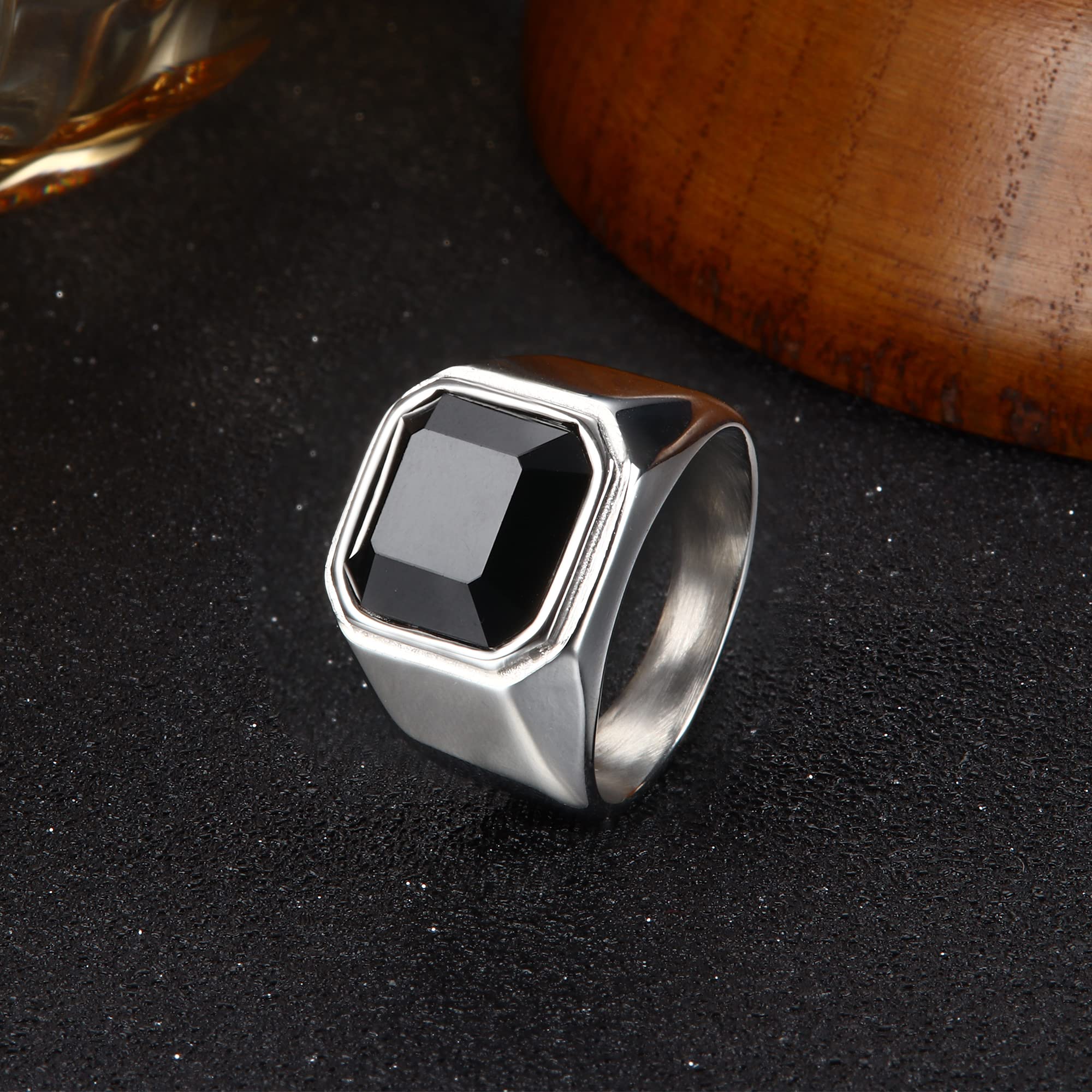 SAILIMUE 3Pcs Stainless Steel Signet Rings for Men Women Black Silver Simple Square Agate Solid Polished Biker Band Pinky Thumb Rings Set Size 10