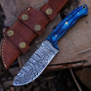 BCK damascus knife damascus steel hunting knife Fixed Blade Hunting Knife with Sheath - Damascus Knife with Blue Wood Handle - 9.75 Inches Handmade Camping Knife Prime Quality EDC camping Knife.