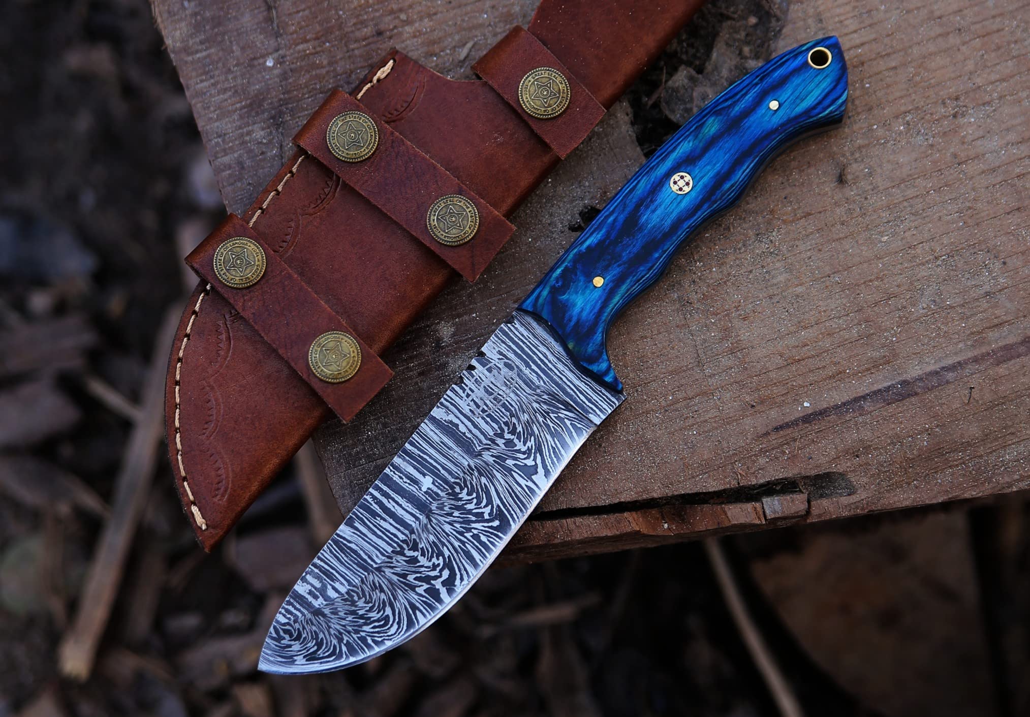 BCK damascus knife damascus steel hunting knife Fixed Blade Hunting Knife with Sheath - Damascus Knife with Blue Wood Handle - 9.75 Inches Handmade Camping Knife Prime Quality EDC camping Knife.